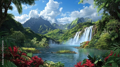 A scenic valley in Hawaii, filled with misty waterfalls, vibrant greenery, and towering volcanic peaks