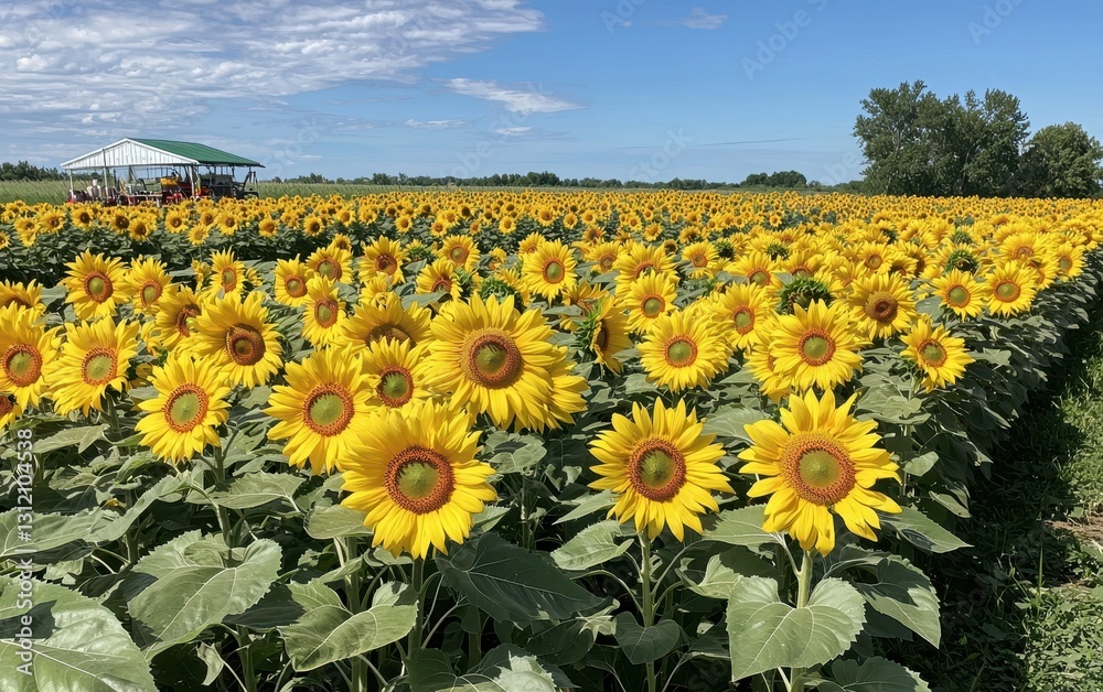 Fototapeta premium A vast field of sunflowers stretching to the horizon under a bright blue sky