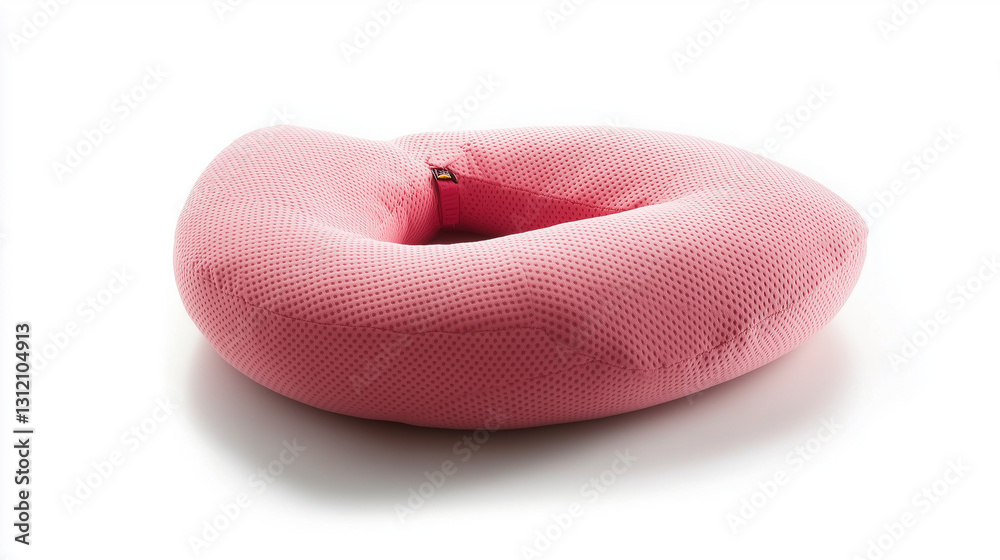 Fototapeta premium The soft pink neck pillow is displayed against a white background, perfect for relaxation.