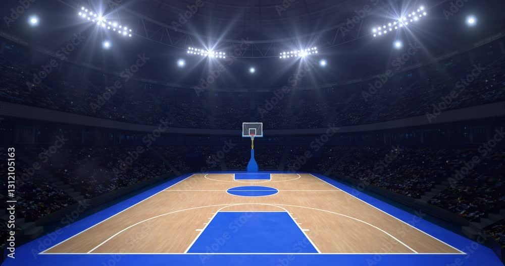 Spectacular basketball wooden court ready for match in a sports hall full of spectators, professional basketball 4k animation as endless loop background.