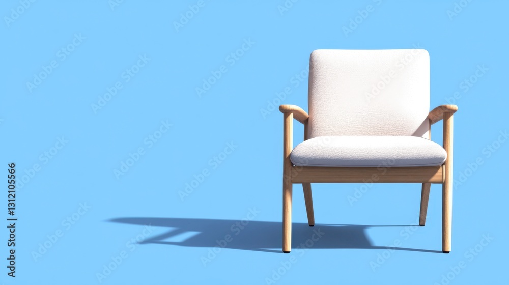 Fototapeta premium A minimalist white armchair with light wooden legs sits against a light blue background, casting a shadow.
