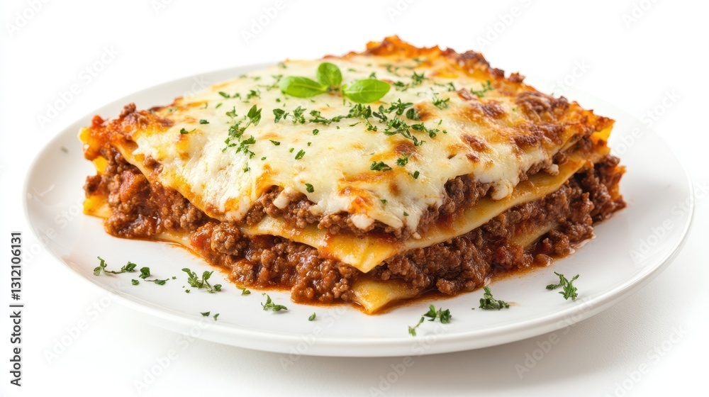 A plate of tasty lasagna topped with rich bolognese sauce, isolated on a white background. A plate of tasty lasagna topped with rich bolognese sauce, isolated on a white background.