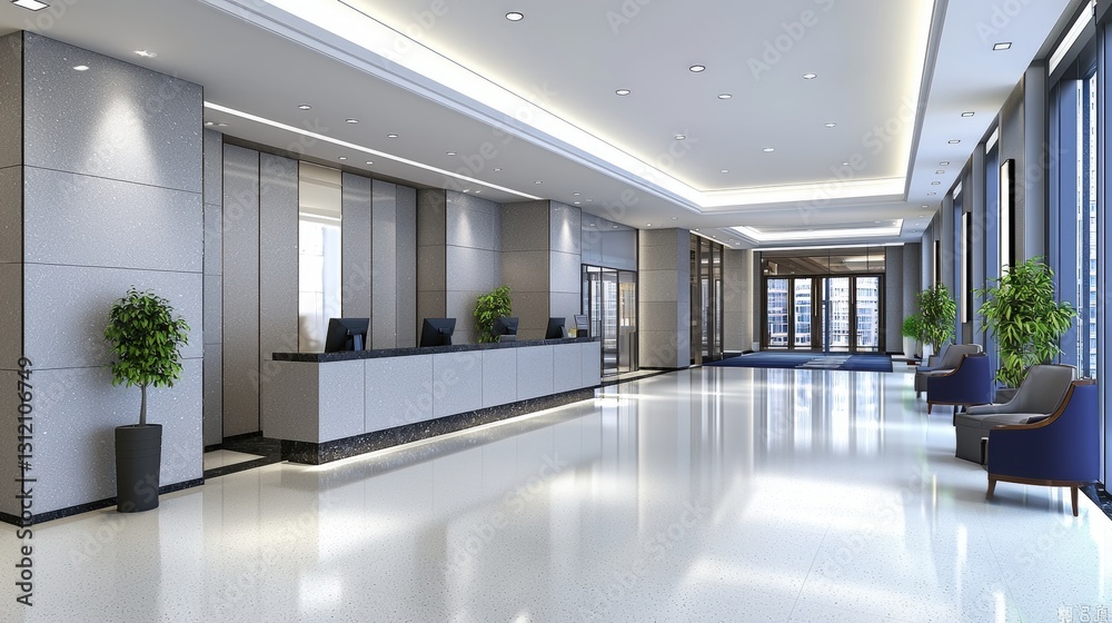 Fototapeta premium A modern office space featuring a spacious reception area with serene grey limestone flooring