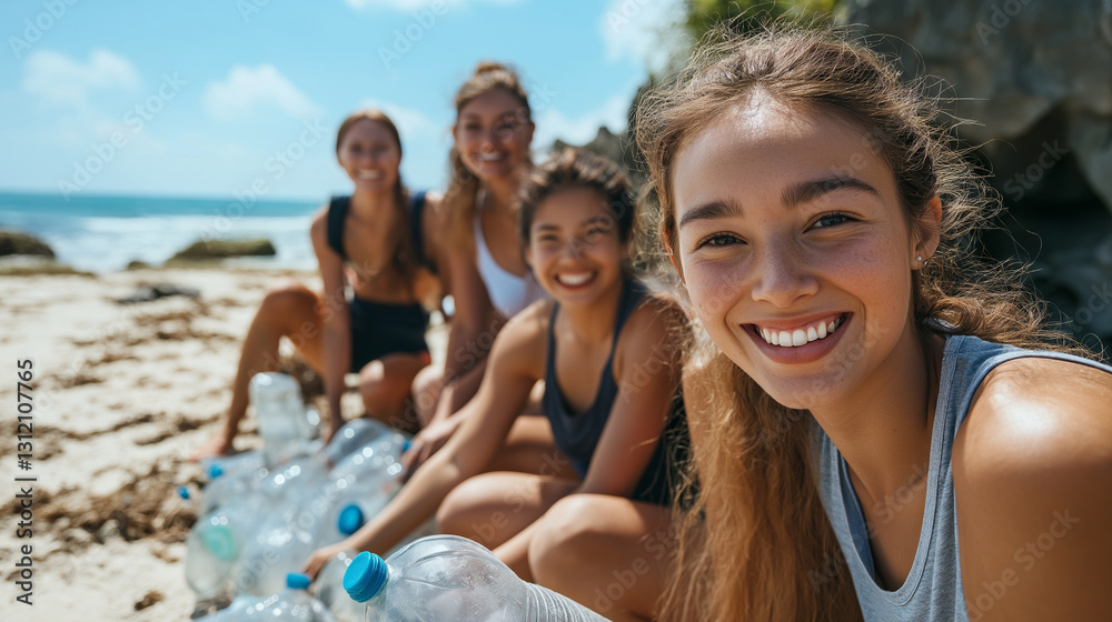 A diverse group of young friends smiles joyfully while collecting plastic bottles on a sunny beach. Their teamwork and enthusiasm reflect an eco-friendly initiative and a love for nature. A diverse group of young friends smiles joyfully while collecting plastic bottles on a sunny beach. Their teamwork and enthusiasm reflect an eco-friendly initiative and a love for nature.