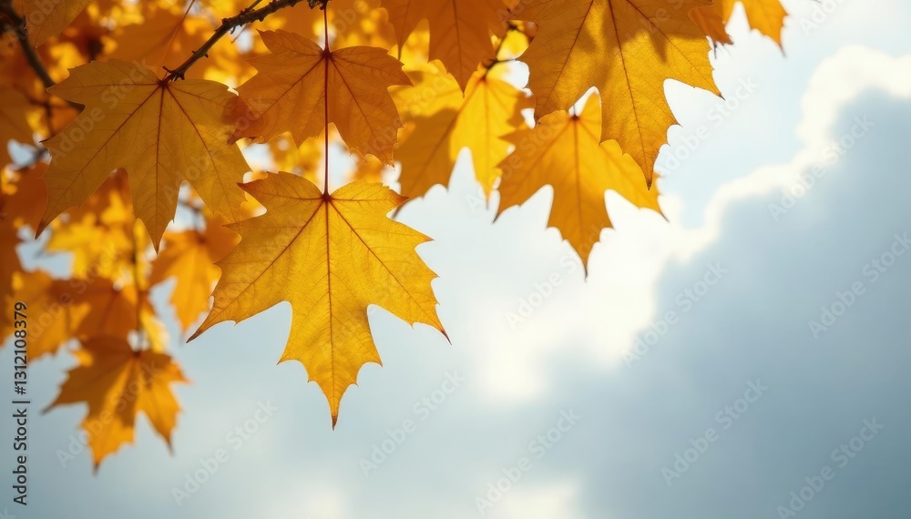 Hanging yellow leaves of a deciduous tree against a grey cloudy sky, leaves, trees Hanging yellow leaves of a deciduous tree against a grey cloudy sky, leaves, trees
