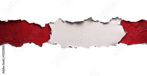 Torn Paper Reveal: The stark contrast of crimson and white creates a visually striking abstract design, with torn paper revealing an inner layer.