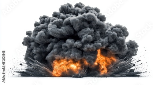 A powerful explosion with black smoke, isolated on a white background. photo