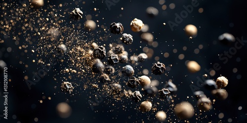 Fototapeta Naklejka Na Ścianę i Meble -  Black peppercorns exploding in dynamic motion with tiny spice particles on a dark moody background