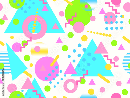 Geometric seamless pattern with memphis elements in 80s style. Colorful geometric pattern. Design of promotional products, wrapping paper and printing. Vector illustration