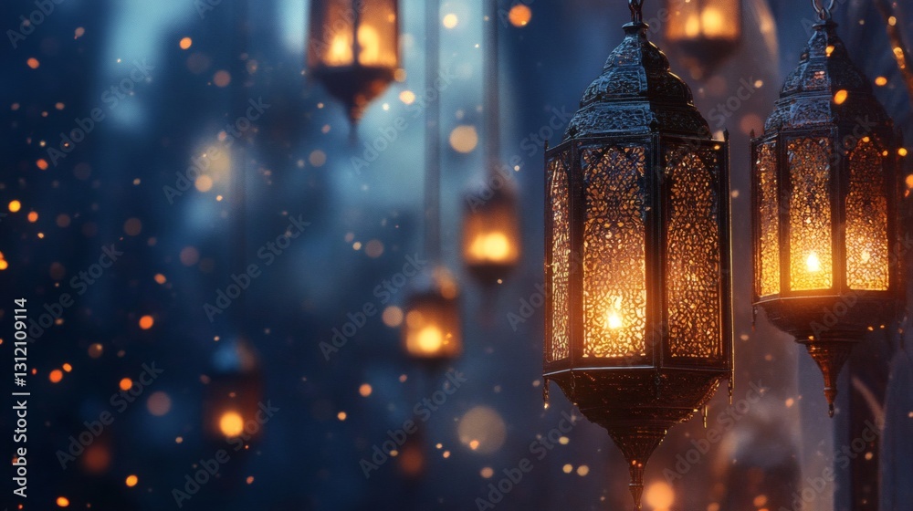 Beautiful intricately designed lanterns illuminate a dimly lit outdoor setting during a festive evening Beautiful intricately designed lanterns illuminate a dimly lit outdoor setting during a festive evening