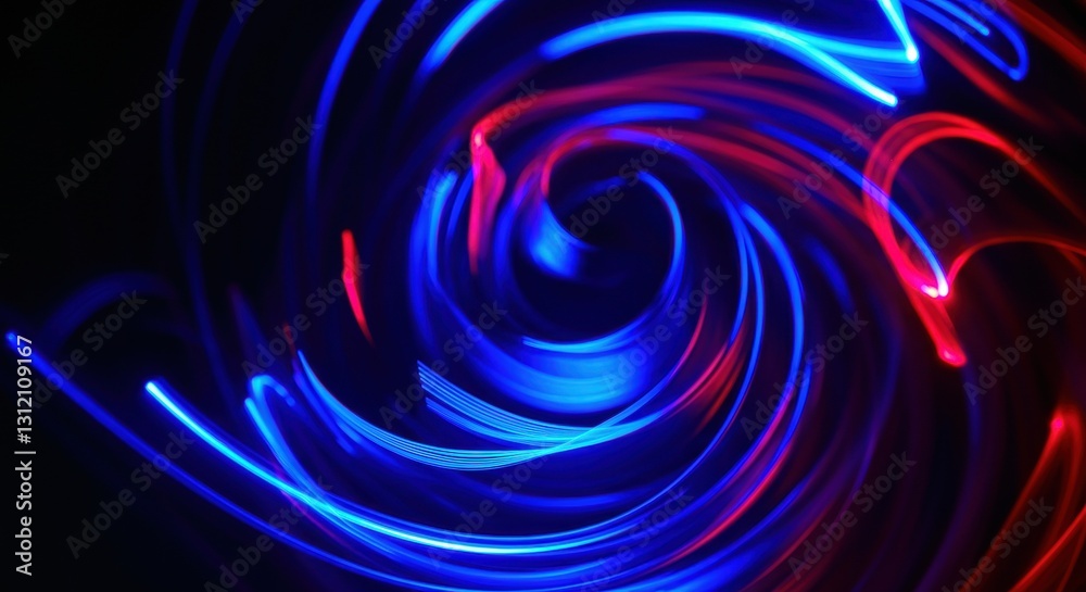 Vibrant spiral swirl of blue and red neon light streaks Vibrant spiral swirl of blue and red neon light streaks
