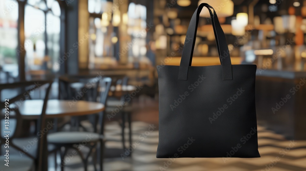 custom made wallpaper toronto digitalA realistic black tote canvas fabric bag is set up in a cafe's coffee shop interior, presented as a mock-up with a blank design.
