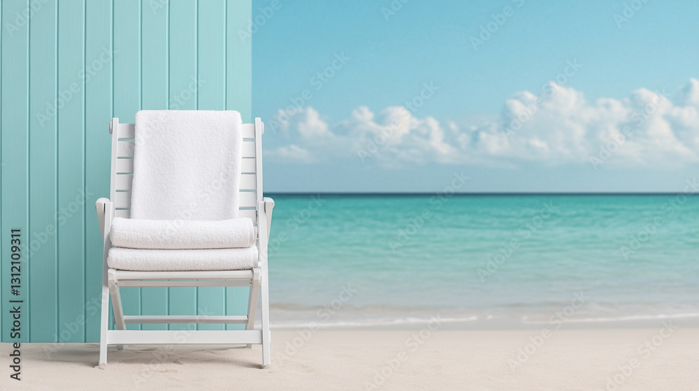A serene beach scene featuring a white chair against a turquoise wall and calm sea. A serene beach scene featuring a white chair against a turquoise wall and calm sea.
