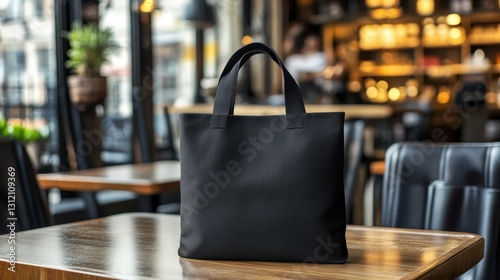 A realistic black tote canvas fabric bag is set up in a cafe's coffee shop interior, presented as a mock-up with a blank design. photo