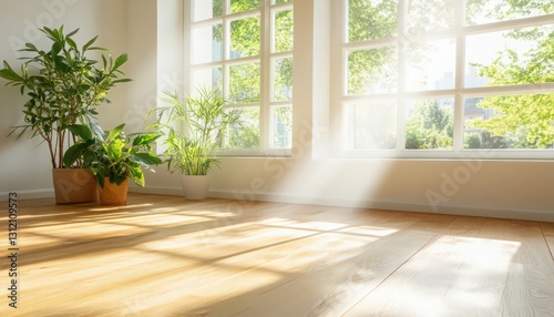 Wallpaper Mural Sunlit Room with Hardwood Floors and Potted Plants Torontodigital.ca