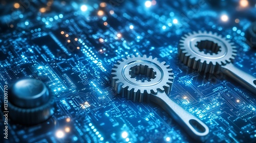 Metallic gears on a glowing blue circuit board with lights