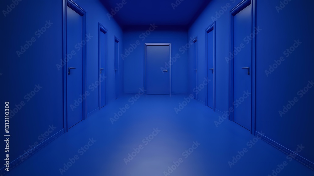 Dark blue corridor with multiple closed doors along both sides leading to central door, illuminated by soft ambient light creating mysterious atmosphere. For horror or business concepts. Dark blue corridor with multiple closed doors along both sides leading to central door, illuminated by soft ambient light creating mysterious atmosphere. For horror or business concepts.