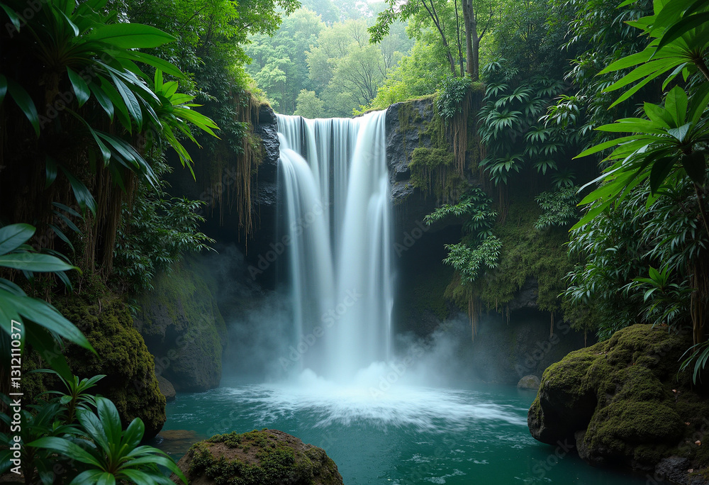 Fototapeta premium A majestic waterfall cascading through a tropical rainforest