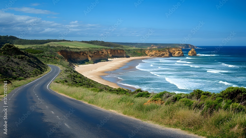 Scenic Coastal Road Overlooking Serene Beach and Turquoise Waves Scenic Coastal Road Overlooking Serene Beach and Turquoise Waves