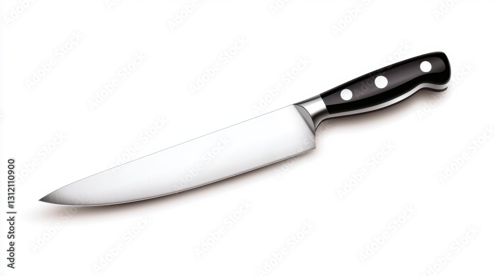 A sharp chef's knife with a black handle, isolated on a white background. A sharp chef's knife with a black handle, isolated on a white background.