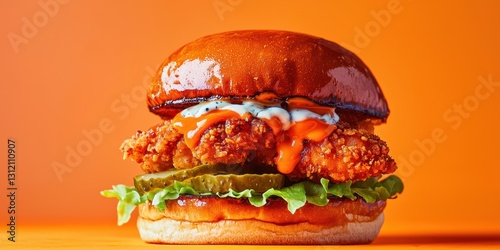 Buffalo chicken burger with blue cheese drizzle and crispy pickles on a neon orange background