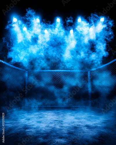 An octagon shaped cage illuminated by spotlights shrouded in blue smoke