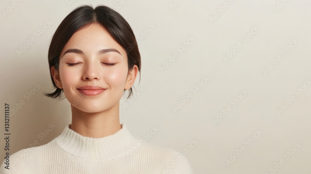 Young woman with relaxed expression enjoying calm in a cozy indoor setting while wearing a soft sweater Young woman with relaxed expression enjoying calm in a cozy indoor setting while wearing a soft sweater