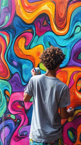 street graffiti interactive Young artist painting vibrant abstract mural.