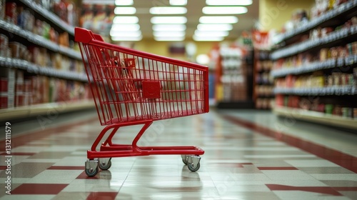A red shopping cart stands prominently in a supermarket setting, symbolizing free delivery, discounts, and sales. photo