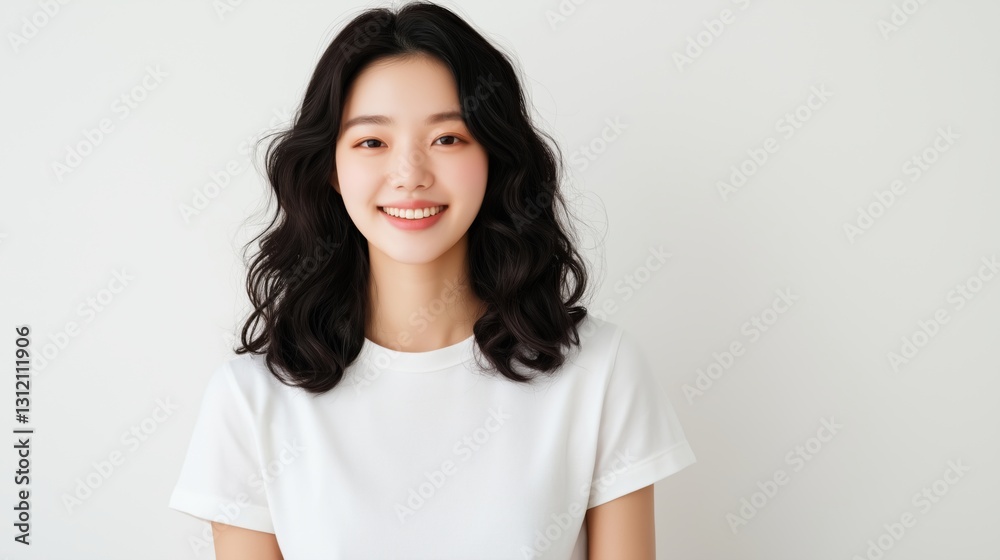 Smiling young woman with wavy hair in casual white shirt against a light background. Smiling young woman with wavy hair in casual white shirt against a light background.