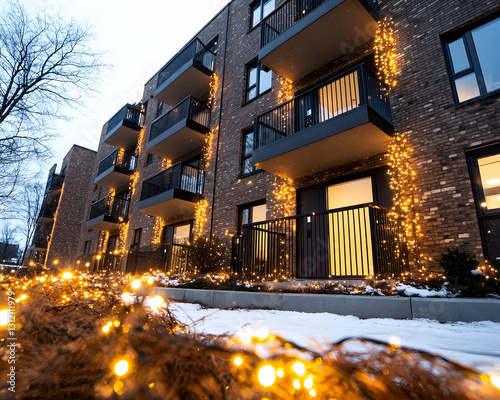 Apartment building adorned with festive holiday lights