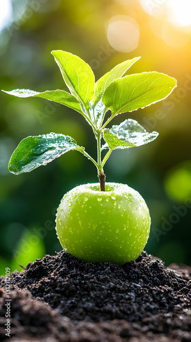 Apple sprout. Fresh green apple, leaves, and dirt. Sun is glowing and natural