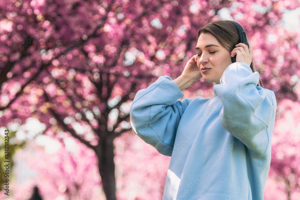 stylish woman meloman listening music