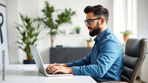Handsome businessman working on a laptop in a casual office setting, smiling and looking at the screen while sitting on a sofa.
