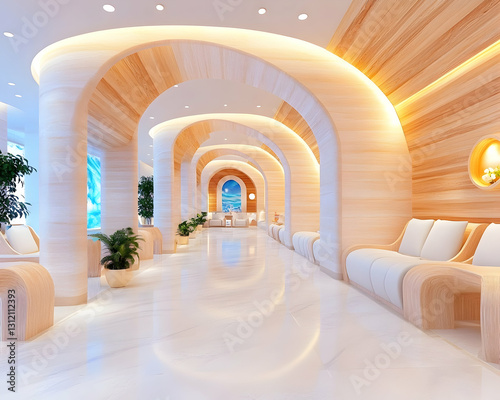 Arched hallway with wooden panels, white floors, seating, and plants in a light-filled space