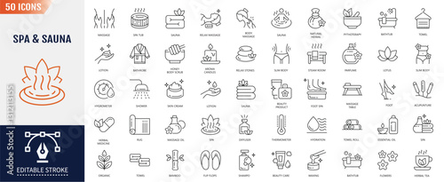 Spa and sauna line icon set. Editable stroke. Containing as massage, lotus, unity with nature, flower, candle aroma, feet, warm water, stone therapy, and more. Vector illustration