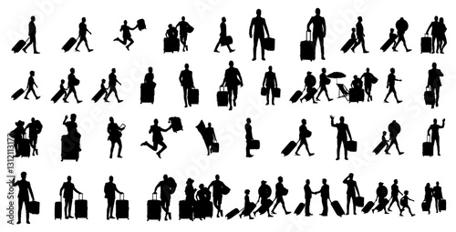 40 vector sets of different gestures of a person holding a suitcase. Travel silhouette collection.