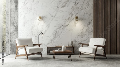 A retro living room featuring white chairs and marble-patterned walls, reflecting a classic and elegant design. photo