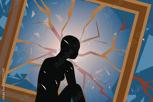 Depiction of PTSD a human figure disintegrating, symbolizing emotional fragmentation and collapse.  Focus on texture and color to convey distress.