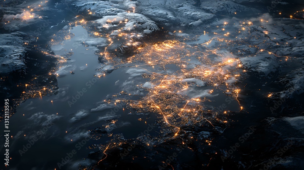 Aerial night view of glowing city lights through clouds, creating luminous network pattern across dark landscape. Satellite perspective of urban development. Aerial night view of glowing city lights through clouds, creating luminous network pattern across dark landscape. Satellite perspective of urban development.
