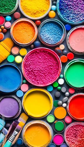 Assorted paint pots and brushes, vibrant, overhead view, colorful mix