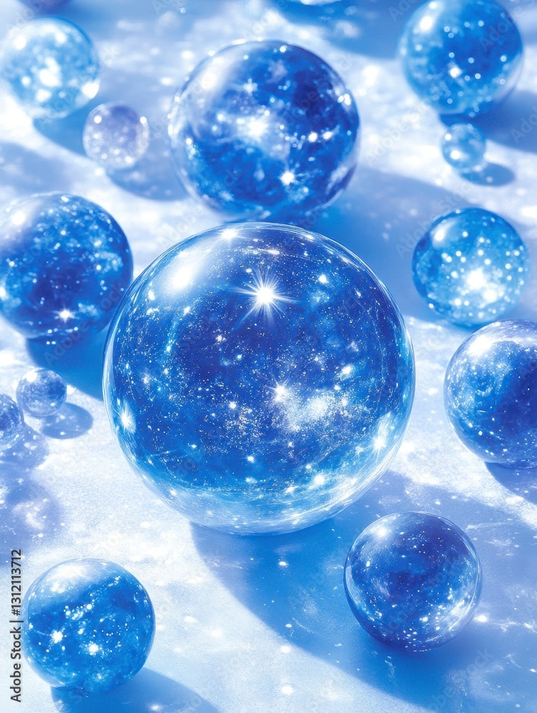 Abstract image of sparkling blue glass spheres on a white surface, illuminated with bright light creating a celestial effect. Abstract image of sparkling blue glass spheres on a white surface, illuminated with bright light creating a celestial effect.