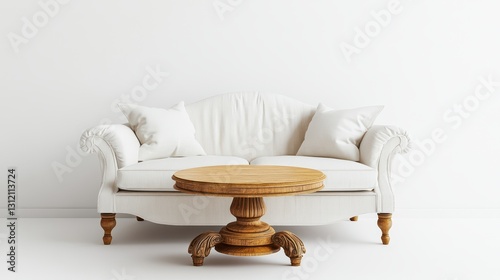 A retro white sofa paired with a round wooden table, both isolated on a white background. photo