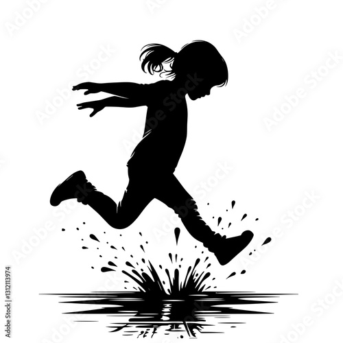 Vector illustration of a girl jumping in a puddle