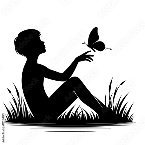 Vector illustration of a child sitting in the grass with a butterfly