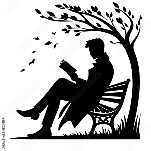 Vector illustration of a man reading a book on a bench under a tree