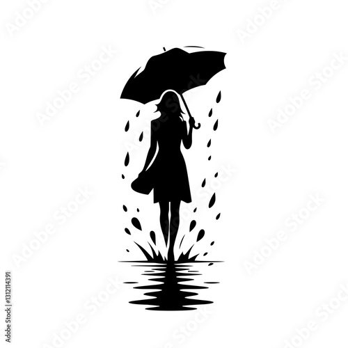Vector illustration of a woman walking in the rain with an umbrella