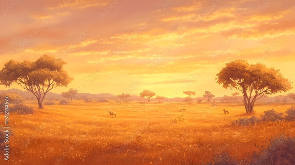 Obraz premium Golden Sunset Over Savanna with Silhouetted Trees and Wildlife