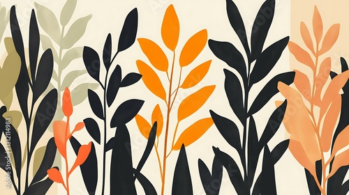Abstract botanical illustration featuring stylized plants in muted orange, black, and green hues against a beige background
