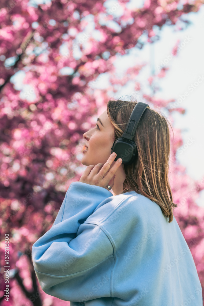 stylish woman meloman listening music